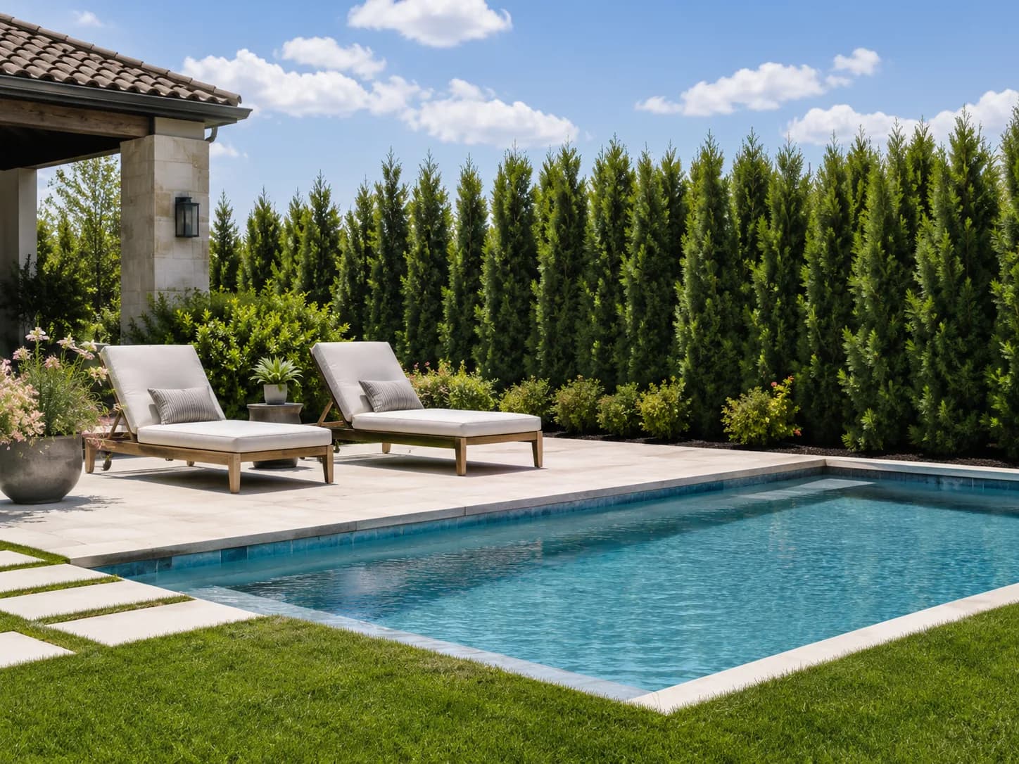 Pool privacy screen example โ mixed evergreen layout along a backyard pool and patio