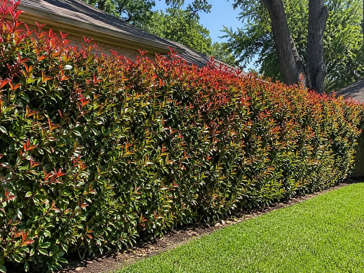 Mature Red Tip Photinia privacy hedge along a Texas home with red-tipped new growth